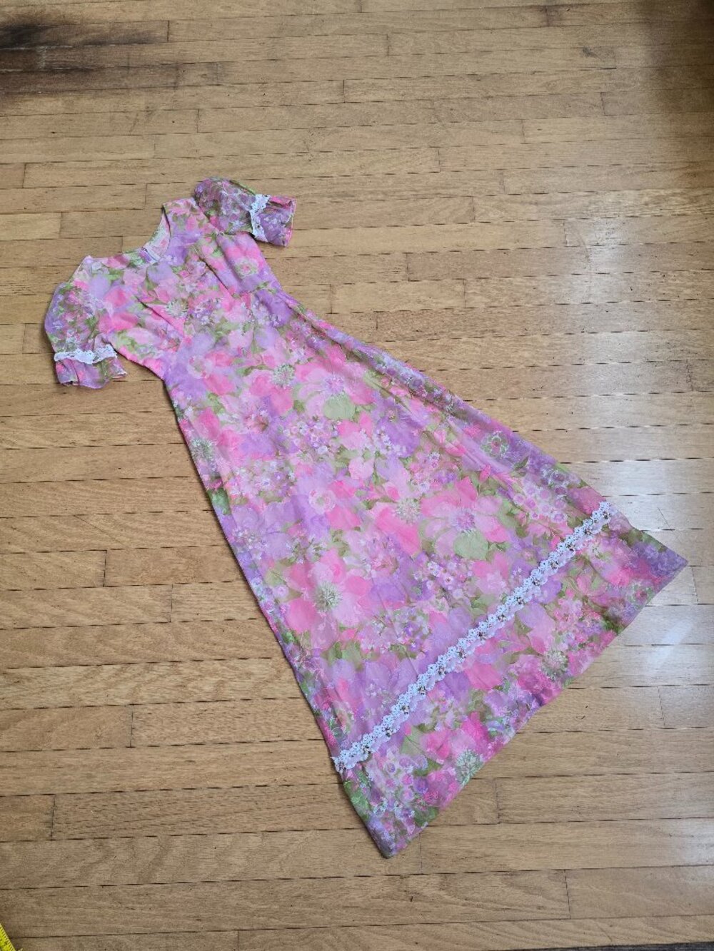 Vintage 70s | Whimsy Pink Floral Organza Cottagecore Prairie Maxi Dress | WMS S